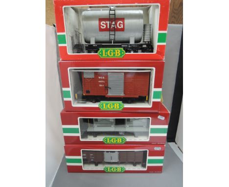 Four LGB G scale items of rolling stock, including Stag tanker, incorrect boxes