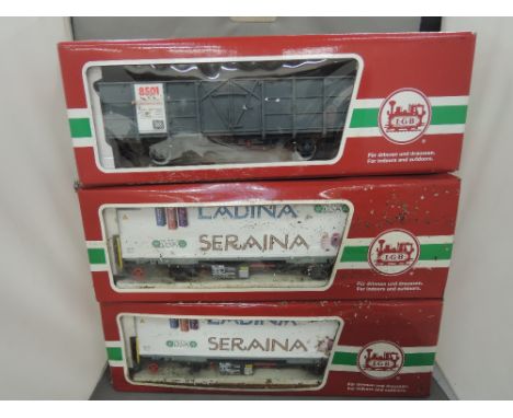 Three LGB G scale items of rolling stock, container wagons 44890 x 2, open wagon 40880, all boxed