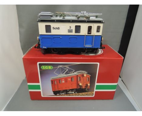 An LGB G scale SchB blue and white electric locomotive, in original box 2146