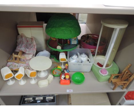 A shelf of 1970's and later dolls furniture and accessories and a GMFGI Toy Tree House and accessories