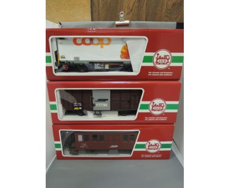 Three LGB G scale items of rolling stock, Diepost van 46810, RHB coach 32340, Coop wagon 45894, all boxed