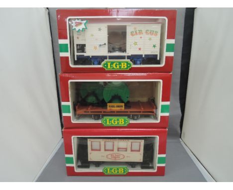 Three LGB G scale items of rolling stock, twin cable wagon 4002, circus wagon 4136, Jubilaums express carriage, all boxed