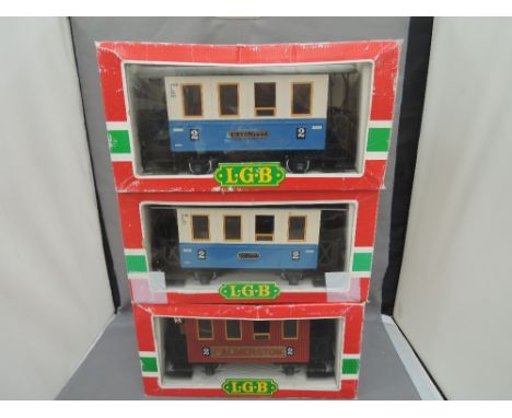 Three LGB G scale items of rolling stock, carriage Charlotte 3015, carriage Palmerston 3000, carriage Kate 3014, all boxed