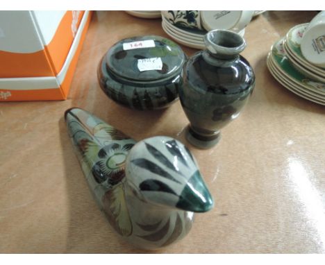 A Mexico ceramic art design vase, bird ornament and trinket box