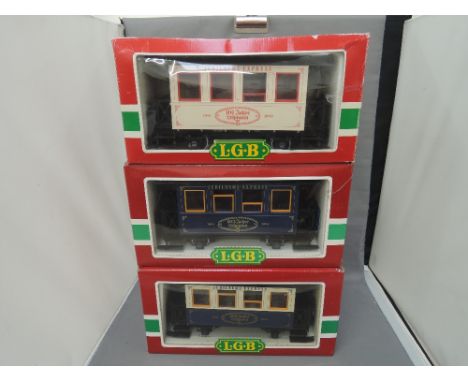 Three LGB G scale items of rolling stock, Jahreswagens 1982, 1983 and 1984 all boxed