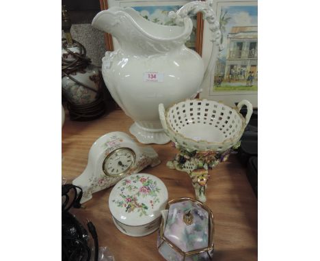 A Johnson Bros wash jug, ceramic clock , trinkets etc