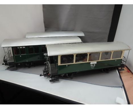 A selection of three LGB G scale scratch built RHB observation coaches, unboxed