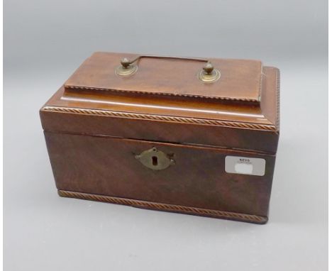 Georgian mahogany and inlaid rectangular tea caddy, lacking interior fittings, 9 1/2" wide 