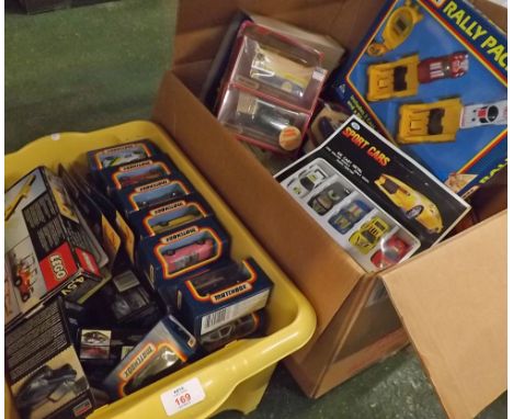 Two boxes: large quantity of Matchbox, Corgi and other toy vehicles and accessories