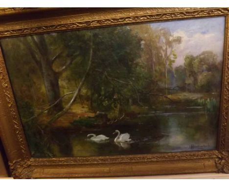 HORATIO R HOLLINGDALE, gilt framed oil on canvas, Swans on a river, 20" x 13" 