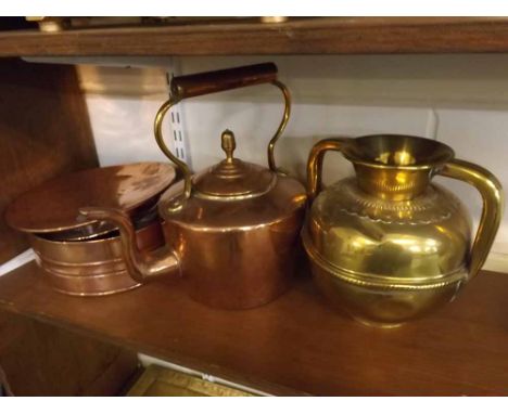 Vintage copper kettle, brass two-handled urn, copper Vibrex lamp (incomplete) and a circular copper wall plaque 