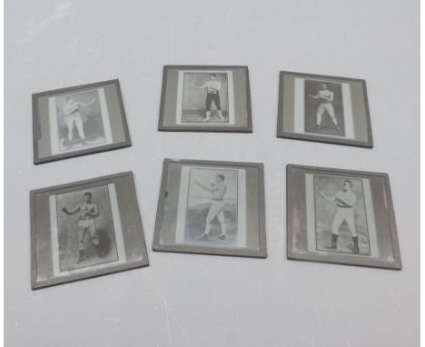 Six 3 1/4" square glass lantern slides, depicting various boxes