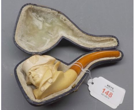 Vintage cased Meerschaum pipe, formed as a military figure 