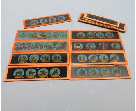Collection of various vintage magic lantern slides, all of rectangular form