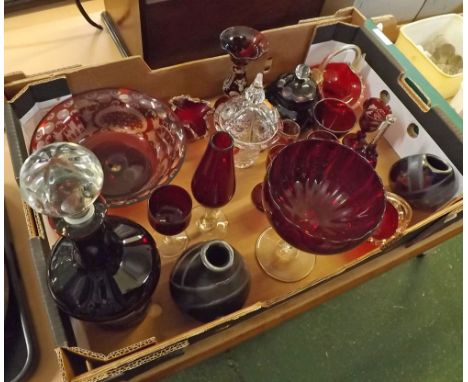 Mixed Lot: various ruby glass wares to include decanters, vases, spirit glasses etc (qty) 