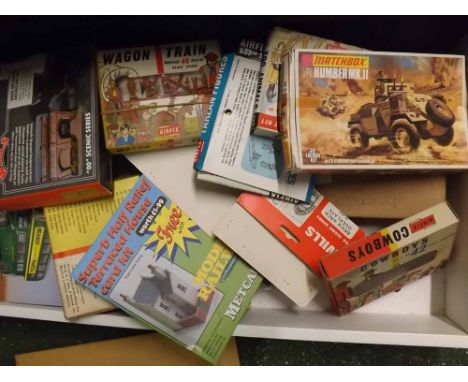 Mixed Lot: three boxes containing Matchbox cars, various model railway accessories, Airfix kits, Matchbox train kit and other