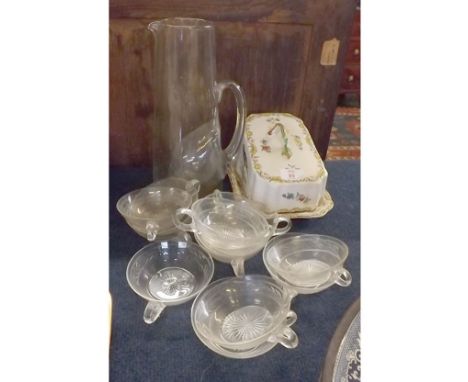 Mixed Lot: Edwardian clear glass jug, set of cut glass bowls and a further Copeland Spode wedge-formed cheese dish