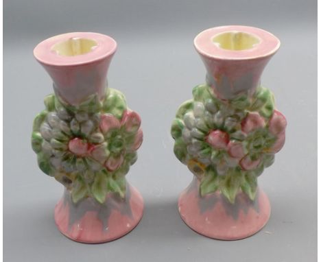 Pair of Clarice Cliff Candlesticks, moulded with the My Garden pattern (restored), 5 1/4" high 