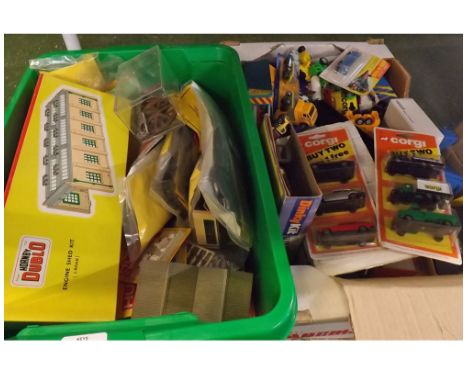 Two boxes: assorted Corgi and other toy vehicles, various construction kits, to include Hornby Dublo shed kit and various oth