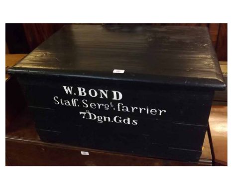 Early 20th century black painted and steel bound tool trunk, of typical hinged rectangular form, painted to the front "W Bond