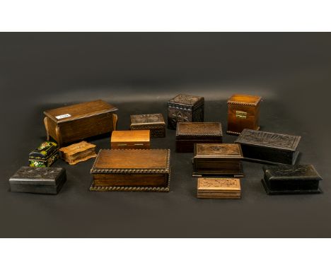 A Varied Collection of Mostly Early 20thC Hinged Oak Boxes to include stationery, cigarette, playing card, card, stamps, jewe