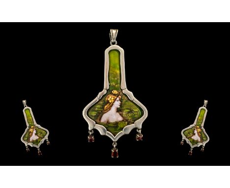 Art Nouveau Style Attractive and Well Made Silver and Enamel Set Pendant of Pleasing Art Nouveau style. c.1900 - 1910. Marked