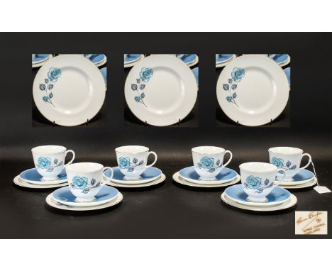 Suzie Cooper Vintage Tea Set comprising six cups, six saucers and six cake plates. All on white ground with bright blue rose 