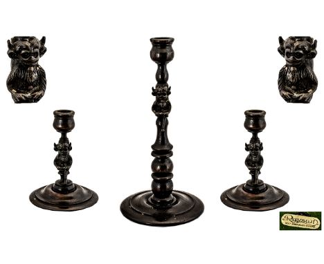 Lincoln Imp Candlesticks. Antique set of Oak candlesticks, 2 Squat ones with the makers mark Rayswi Harrogate England 6 inche