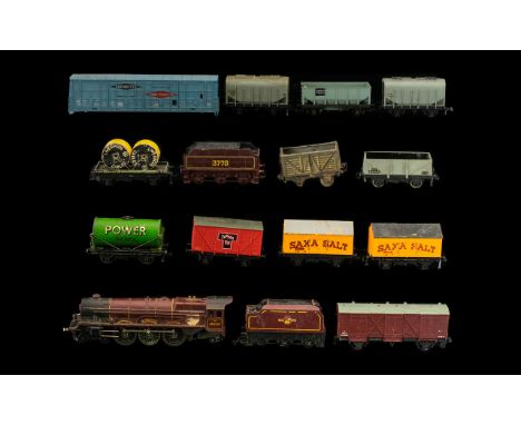Railway Interest. Collection of railway carriages and engine, hornby dublo etc, some advertising carriages, please see accomp