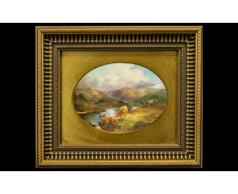 Victorian Print of Cattle Scene.  Lovely picture of cattle with mountains and lake in background.  In vintage frame, mounted 