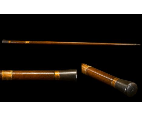 Military Walking Stick. Possibly maple wood, of good Quality, has military arrow to top, brass banded, 34 1/2 in length pleas