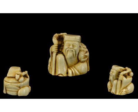 Japanese Meiji Period Nice Quality - Carved Ivory Netsuke. c1864 - 1912, of Seated Old Wise Man Seated Holding a Staff In One