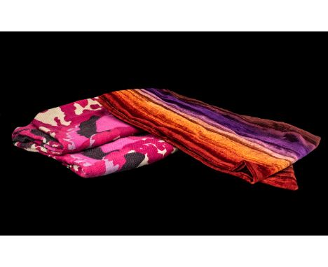 Two Designer Winter Scarves including an SM multi coloured velvet scarf, and a long wide scarf in cerise and black, trimmed w