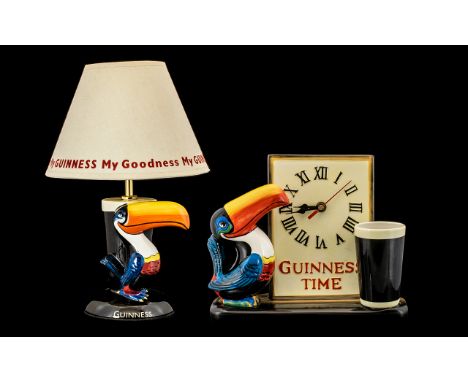 Guinness Interest. Guinness Clock with Toucan and pint and a Guinness Toucan table Lamp, made by Enesco under licence by Guin