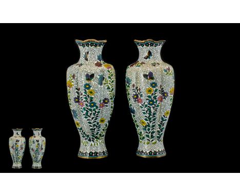 Japanese Early 20th Century Fine Pair of Cloisonne Vases of Interesting Form, Decorated with Images of Butterflies and Exotic