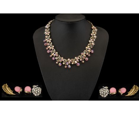 Collection of Vintage 1950s USA Lisner Costume Jewellery to include a pink borealis rhinestone necklace; a pair of clip on pi