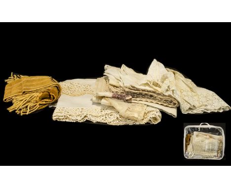 Collection of Edwardian Lace Items to include two infant's dresses and a vintage infant's underskirt; and assorted table line