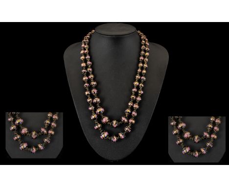 Vintage Venetian Glass Bead Double Strand Necklace.  Glass  hand painted bead necklace with silver clasp. Pretty design, plea