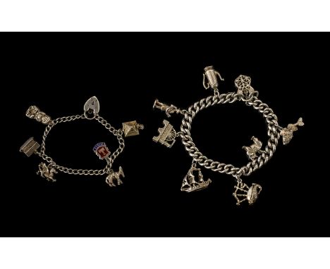 Two Vintage Sterling Silver Bracelets, Loaded with 14 Silver Charms. All Marked for Silver. Both with Nice Quality Padlocks. 