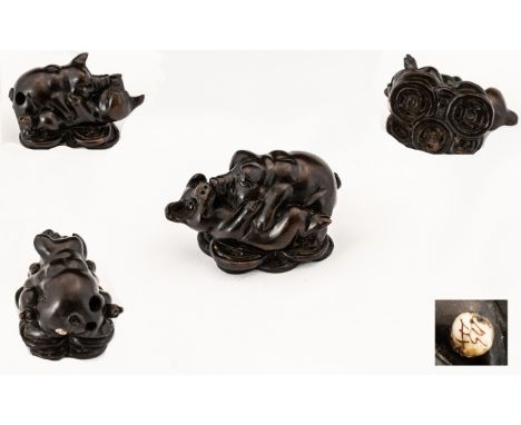 Fine Quality Japanese 19th Century Edo Period Carved Netsuke of Humours Nature, Depicts - Two Little Pigs Playing, Signed to 