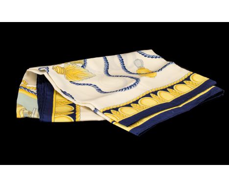Vintage Estee Lauder Silk Scarf 36'' square, perfume bottle design with ropes, blue and white with yellow accents.  Please se