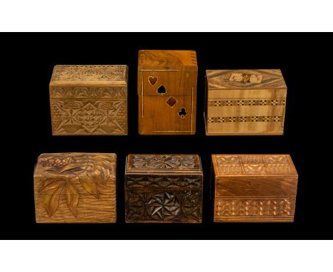 A Good Collection of Early 20thC Playing Card Hinged Wooden Boxes  with carved and applied decoration. Some showing the four 