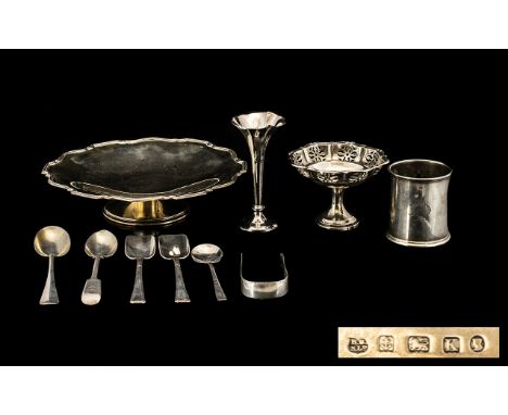 A Small Collection of Assorted Silver to include an Art Deco footed comport with a molded shaped edge, hallmarked for Birming