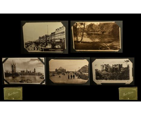 Postcard Album.  Vintage album of Post Cards in a green album, containing images of scenes of castles, beaches, greetings car