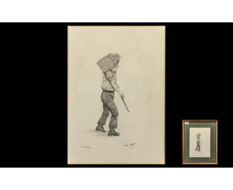 Tom Dodson 1910 - 1991 Artist Drawn and Signed Pencil Sketch - Titled ' The Hodcarrier ' Mounted and Framed Behind Glass. Siz