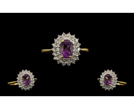 18ct Gold - Attractive Amethyst and Diamond Cluster Ring - Flower head Design. Full Hallmark for 18ct. Amethyst of Excellent 