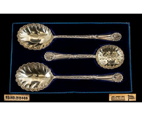 Edwardian Period - Walker and Hall Stunning Quality Solid Silver Pair of Serving Fruit Spoons with Matching Sugar Sifter / Sa