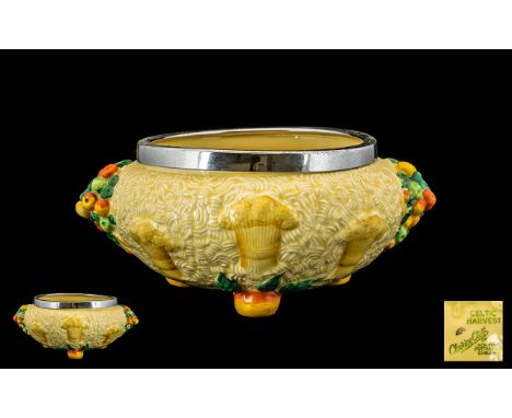 Clarice Cliff Hand Painted 1930's Chrome Banded Celtic Harvest Footed Fruit Bowl. c.1930's. 1st Quality and Mint Condition. 4