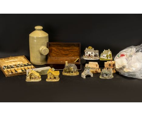 Box of Assorted Collectibles to include 8 Hermitage Collection Lilliput Lane houses, a stone water bottle; a box of 7 chrome 