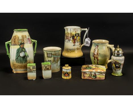 Collection of Royal Doulton Series Ware twin handled vase 'Sairey Gamp'; storage pot D5020 'Mr Micawber'; Sugar Shaker E2768 